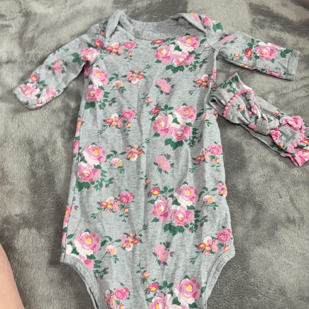 Gray floral tie gown with matching bow